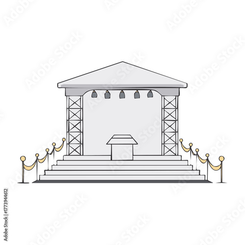 Empty Covered Stage with Podium, Steps, Spotlights, and Roped Entrance Illustration