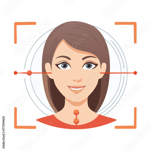Biometric facial recognition system scanning a woman for identity verification