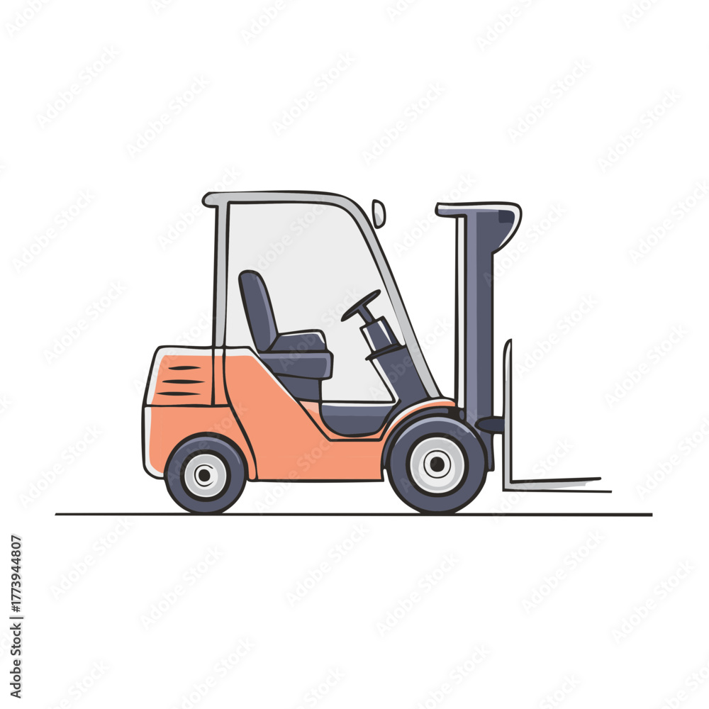 Fototapeta premium Orange and gray cartoon forklift truck with lifting forks and cab on a white background