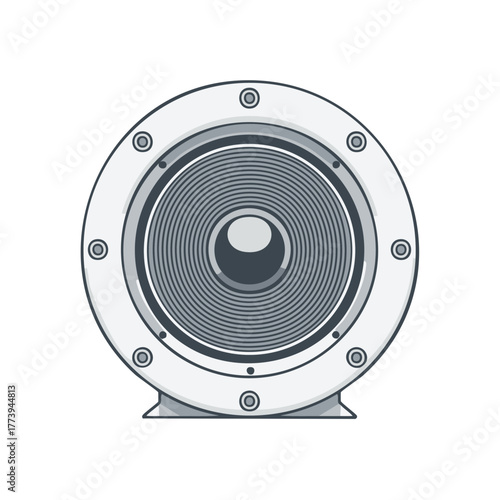 Stylized gray speaker cone illustration showing electronic sound reproduction and audio system technology