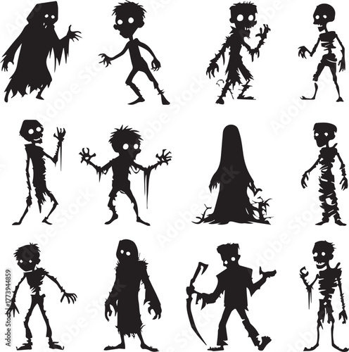 Halloween Monsters Silhouette Vector Set – Vampire, Zombie, Skeleton, and Ghost Icons
