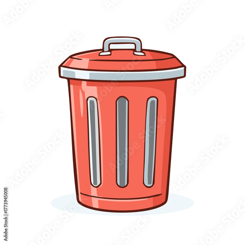 Vibrant red cartoon trash can with lid and handle, simple rubbish bin illustration design
