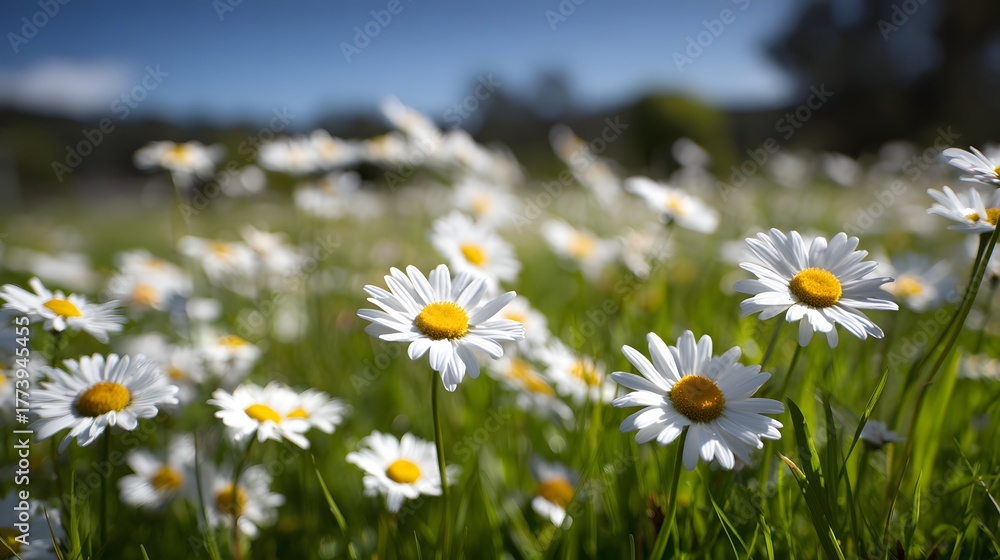 Fototapeta premium Numerous white and yellow blossoms fill a sunlit meadow under a clear blue sky