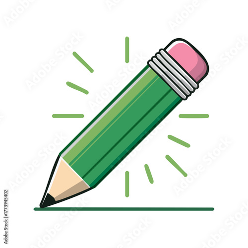 Green pencil with eraser writing a line with glowing effect illustration