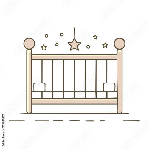 Hand-drawn illustration of a simple wooden baby crib with a hanging star mobile and decorative dots.