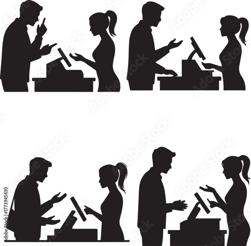 Cashier Silhouette Icons | Customer Service at Checkout Counter Vector Set | Retail Payment Illustration