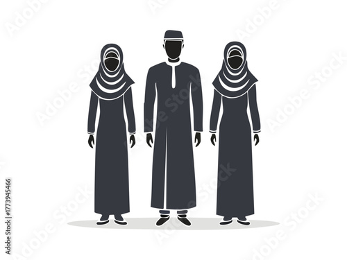 Muslim Man and Women Silhouette Vector Icon Arabic Family Group Traditional Clothing minarets in flat style. Vector illustration.