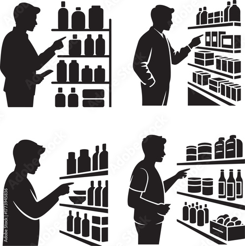 Silhouetted shoppers browsing shelves stocked with goods in a store setting view