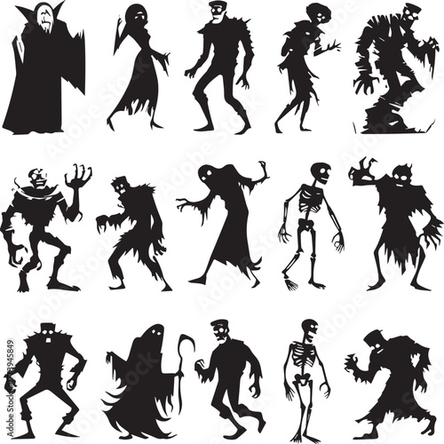 Halloween Monsters Silhouette Vector Set – Vampire, Zombie, Skeleton, and Ghost Icons