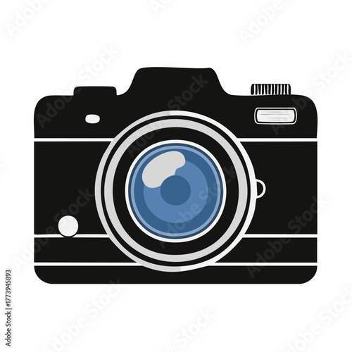 Vintage Style Black Camera Illustration with Blue Lens for Photography