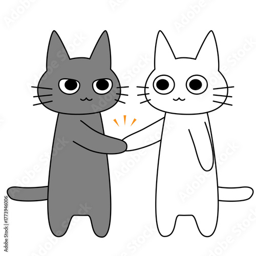 猫が握手するビジネスイラスト。協力・契約・信頼関係・パートナーシップを象徴するシンプルで使いやすいベクターデザイン。商談、合意形成、協働イメージに最適な猫キャラクター素材。