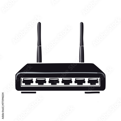 Modern black internet router with dual antennas providing wireless and wired network connectivity for homes and offices
