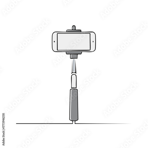 Smartphone attached to a selfie stick with a minimalist line art style