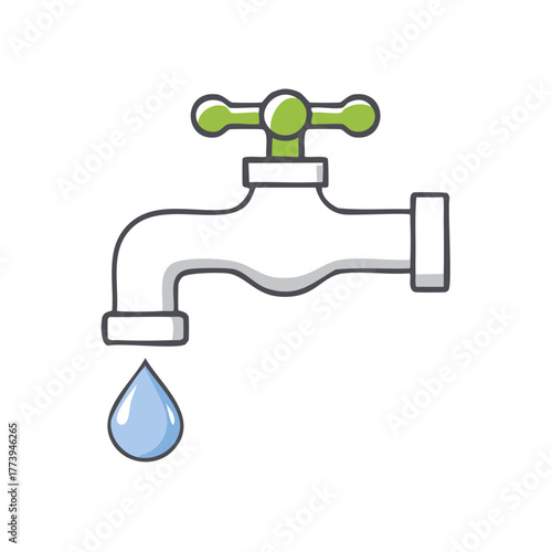 Simple illustration of a dripping water faucet with a green handle and a water droplet