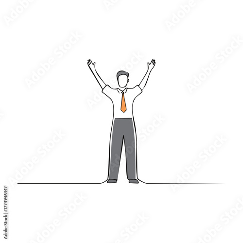 Simple line art drawing of a professional person celebrating success with arms raised high