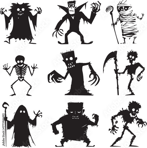 Halloween Monsters Silhouette Vector Set – Vampire, Zombie, Skeleton, and Ghost Icons