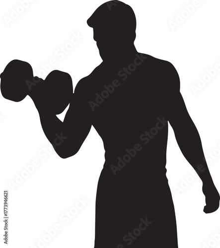 Silhouette of a strong man lifting dumbbell for biceps workout