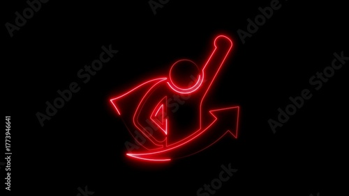 Red Neon Superhero Figure with Cape and Upraised Arm Against Black Background person