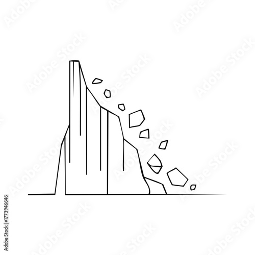 Simple line art icon of a landslide with falling rocks from a cliff. Natural disaster vector illustration.
