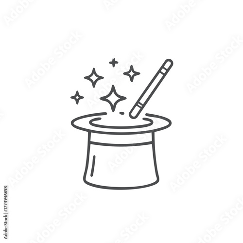 Magician top hat with magic wand and sparkles line art icon