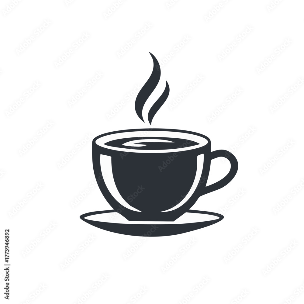 Fototapeta premium Hot Coffee Cup Icon with Steam, Simple Silhouette of a Beverage in a Mug on a Saucer