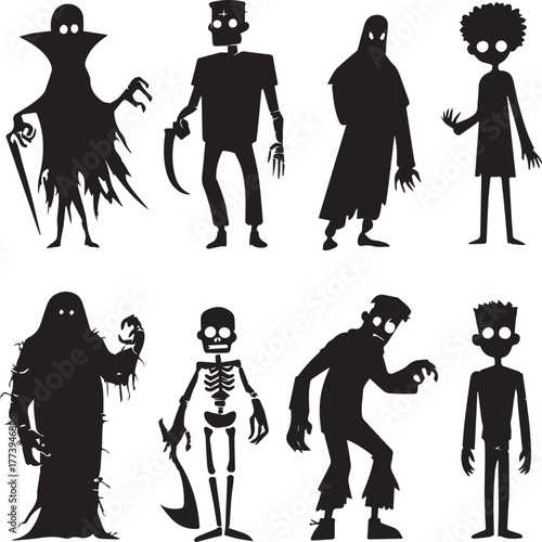 Halloween Monsters Silhouette Vector Set – Vampire, Zombie, Skeleton, and Ghost Icons