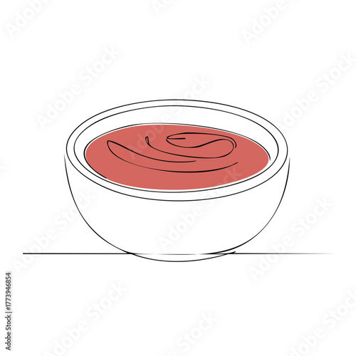 Continuous one line drawing of a bowl with red tomato sauce or ketchup.