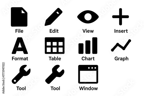 Collection of Black And White Icons Representing File Edit View Insert Format Table Chart Graph Tool Window And Plus Symbol On A White Background