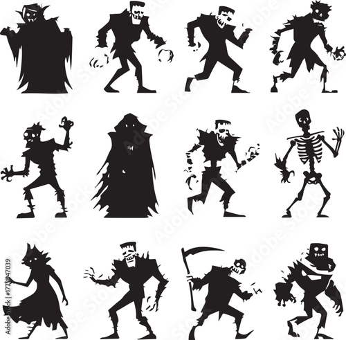 Halloween Monsters Silhouette Vector Set – Vampire, Zombie, Skeleton, and Ghost Icons