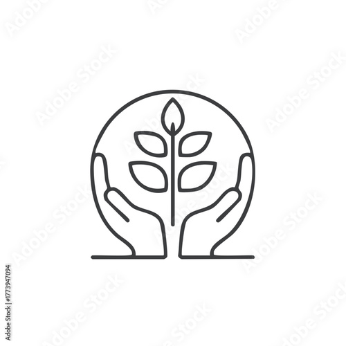 Outline hands cradling a leafy plant, an icon of nature, organic growth, ecological care, and sustainability.