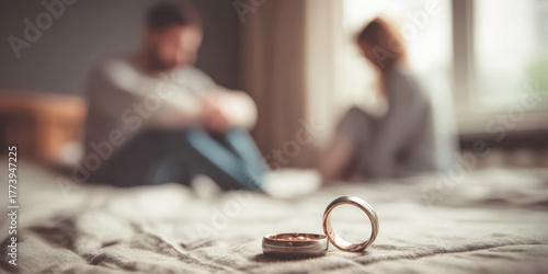 Couple in conflict as man removes wedding ring in their bedroom setting