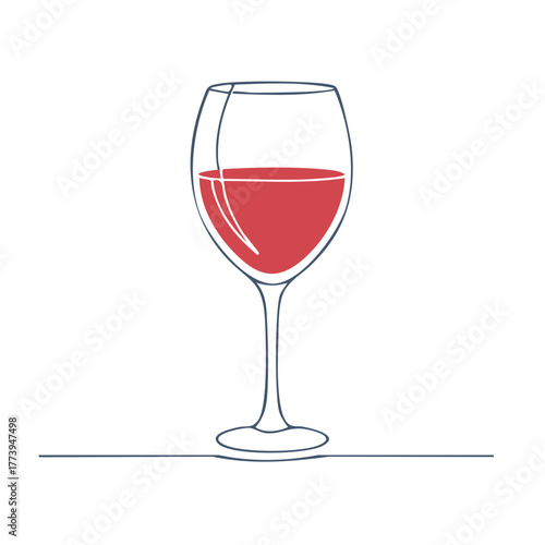 Elegant wine glass filled with deep red wine depicted in simple line art style