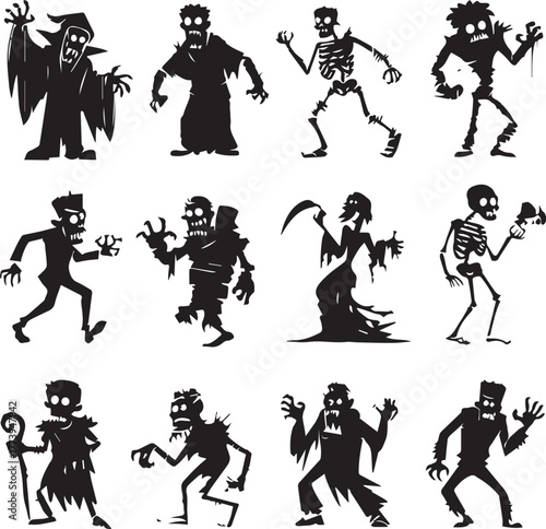Halloween Monsters Silhouette Vector Set – Vampire, Zombie, Skeleton, and Ghost Icons