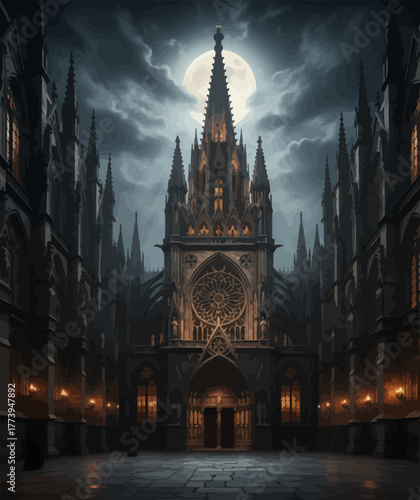 Gothic Grandeur A Cathedral Bathed in Moonlight
