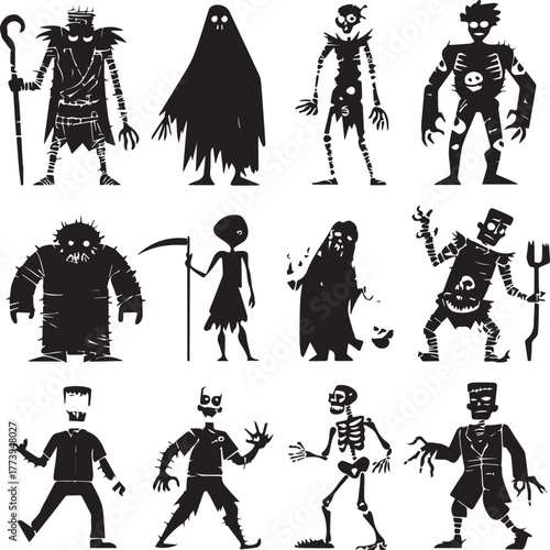 Halloween Monsters Silhouette Vector Set – Vampire, Zombie, Skeleton, and Ghost Icons