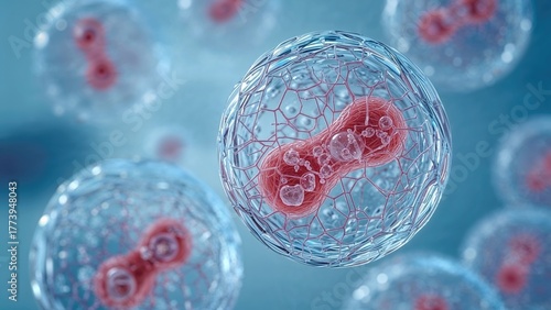 Cells with reproductive structures under a microscope, biological and health concept. Genetic and cellular research. The concept of biology and cellular technology