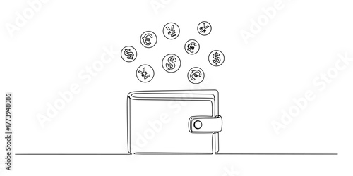 Continuous one line of digital wallet with currency icon floating on it, symbolizing digital finance, style hand drawn vector illustration.