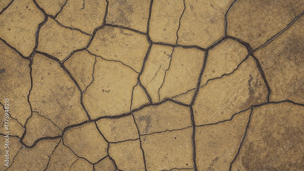 Fototapeta premium Cracked dry earth surface with visible fissures and cracks. Parched land texture with fragmented pattern. Brown color with varying shades and surface details.