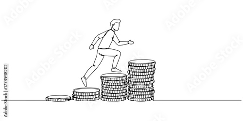 Continuous one line of a person climbing a ladder made of coins, representing financial progress, hand drawn style vector illustration.