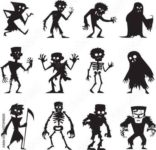 Halloween Monsters Silhouette Vector Set – Vampire, Zombie, Skeleton, and Ghost Icons