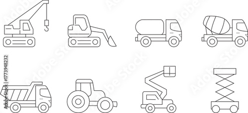 Construction vehicle line art design. pictograms of bulldozer, loader, roller, concrete mixer etc vector design