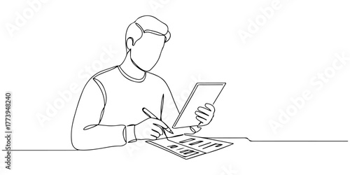 Continuous one line of a person checking bills and expenses, symbolizing budgeting and expense management, hand drawn style vector illustration.