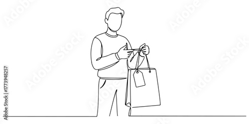 Continuous one line of a person holding shopping bags with price tags, representing spending and budgeting, style hand drawing vector illustration.