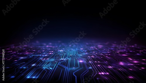 Futuristic Glowing Circuit Board with Digital Technology Lights and Neon Cyber Network
