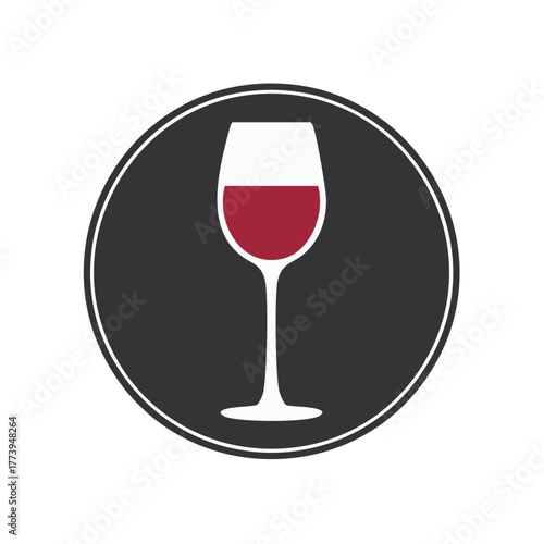 Simple stylized glass of red wine in a circular emblem for tasting and enjoyment