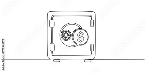 Continuous one line of safe with dollar sign lock, symbolizing asset protection, hand drawn style vector illustration.