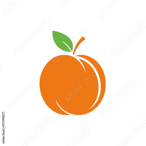 Simple peach fruit icon with green leaf, flat vector logo design template