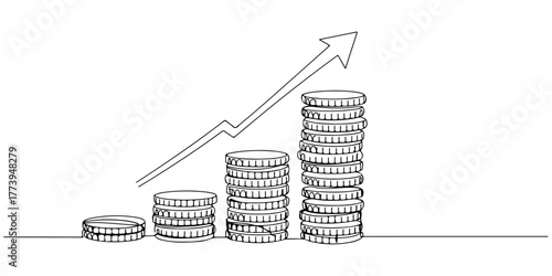 Continuous one line of stacks of coins getting higher and higher with an arrow on top, representing the accumulation of wealth, hand drawn style vector illustration.