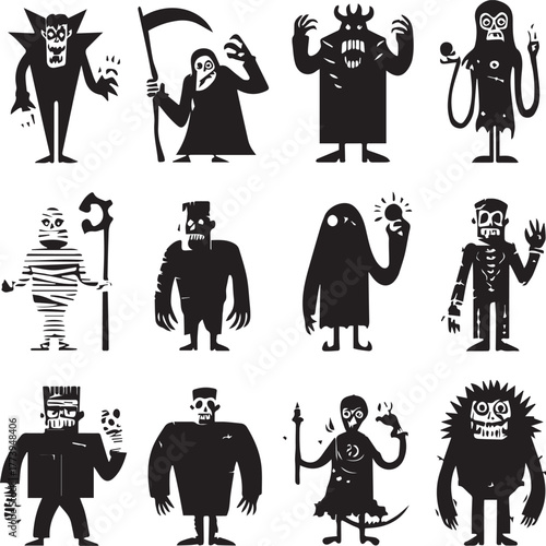Halloween Monsters Silhouette Vector Set – Vampire, Zombie, Skeleton, and Ghost Icons