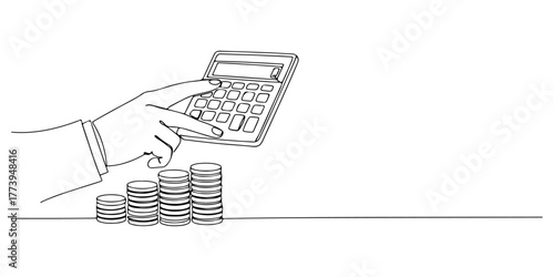 Continuous one line of hands calculating taxes with a calculator, symbolizing tax management,style hand drawing vector illustration.